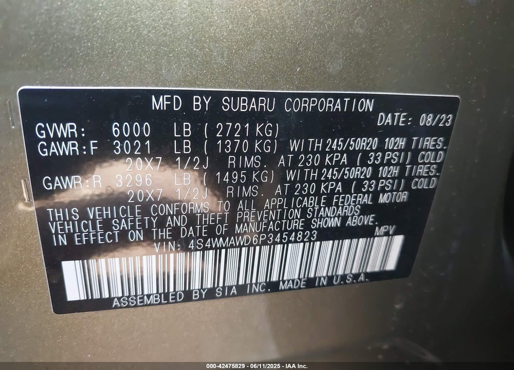 2023 SUBARU ASCENT VIN: 4S4WMAWD6P3454823