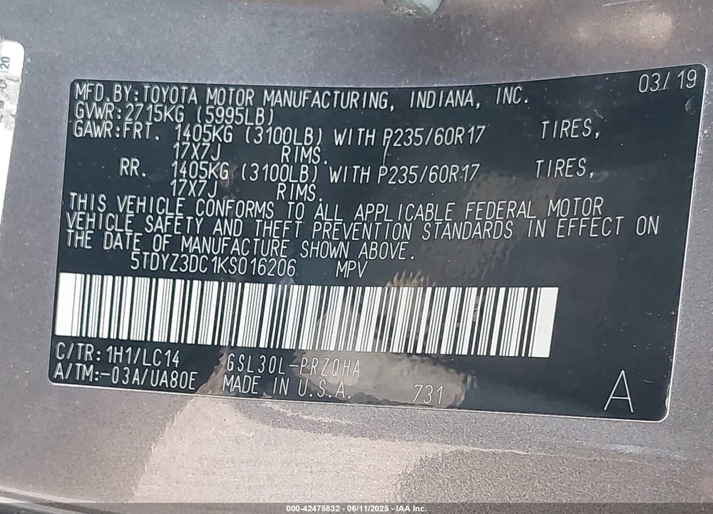 2019 TOYOTA SIENNA VIN: 5TDYZ3DC1KS016206