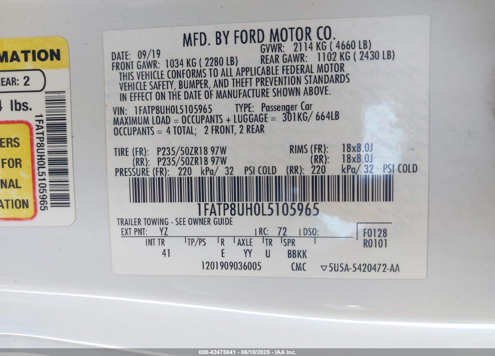 2020 FORD MUSTANG VIN: 1FATP8UH0L5105965