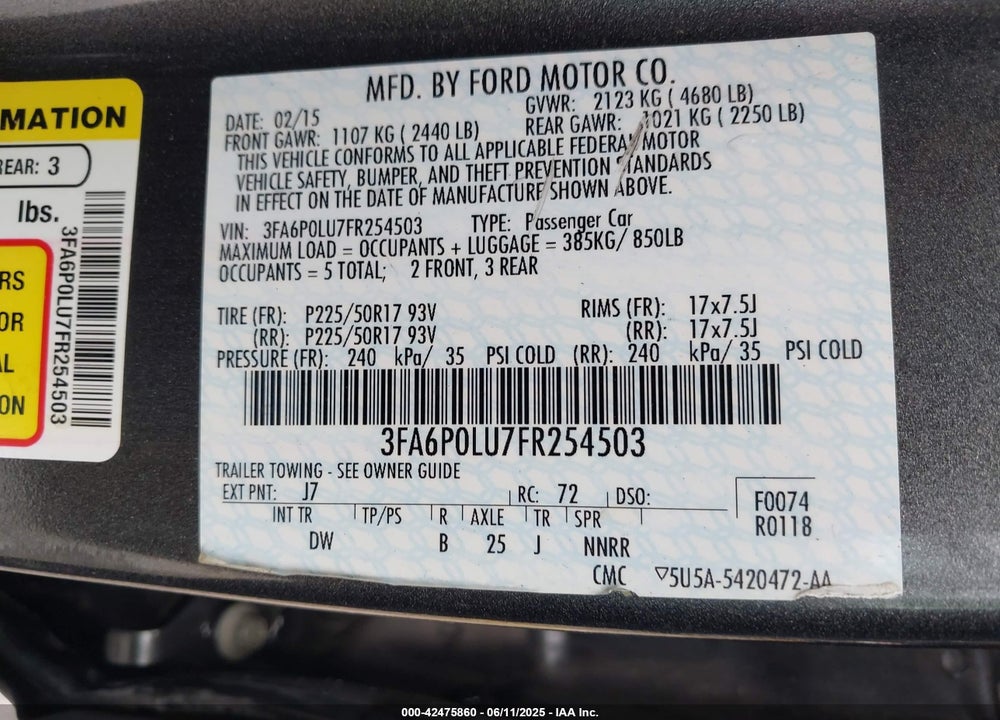 2015 FORD FUSION HYBRID VIN: 3FA6P0LU7FR254503