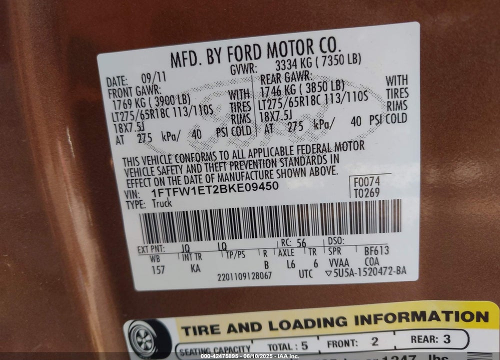 2011 FORD F-150 KING RANCH VIN: 1FTFW1ET2BKE09450