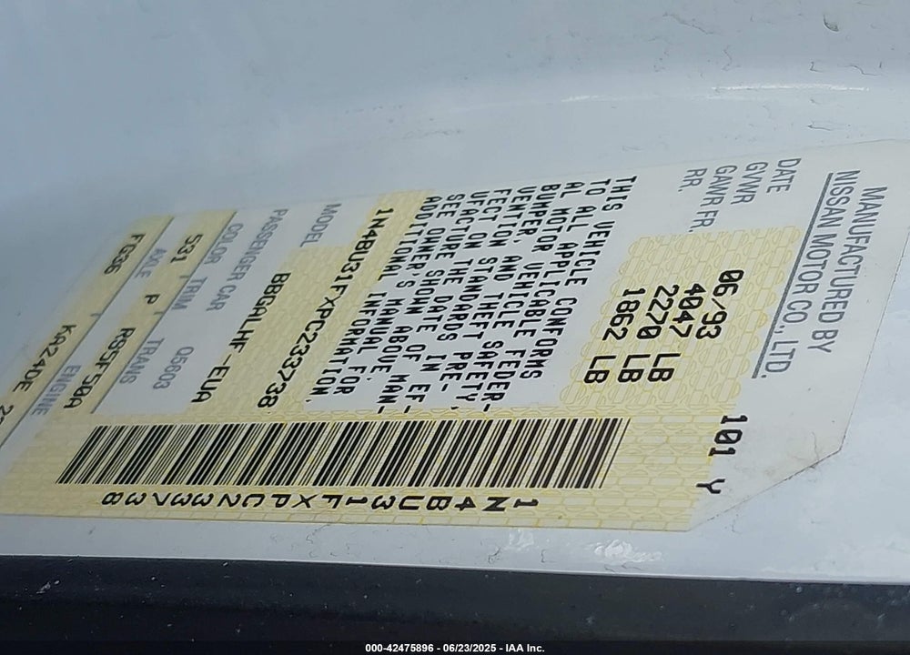 1993 NISSAN ALTIMA XE/GXE/SE/GLE VIN: 1N4BU31FXPC233738