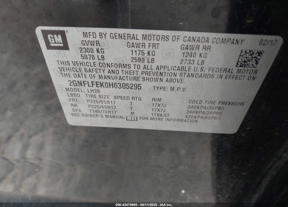 2017 CHEVROLET EQUINOX LT VIN: 2GNFLFEK0H6305295
