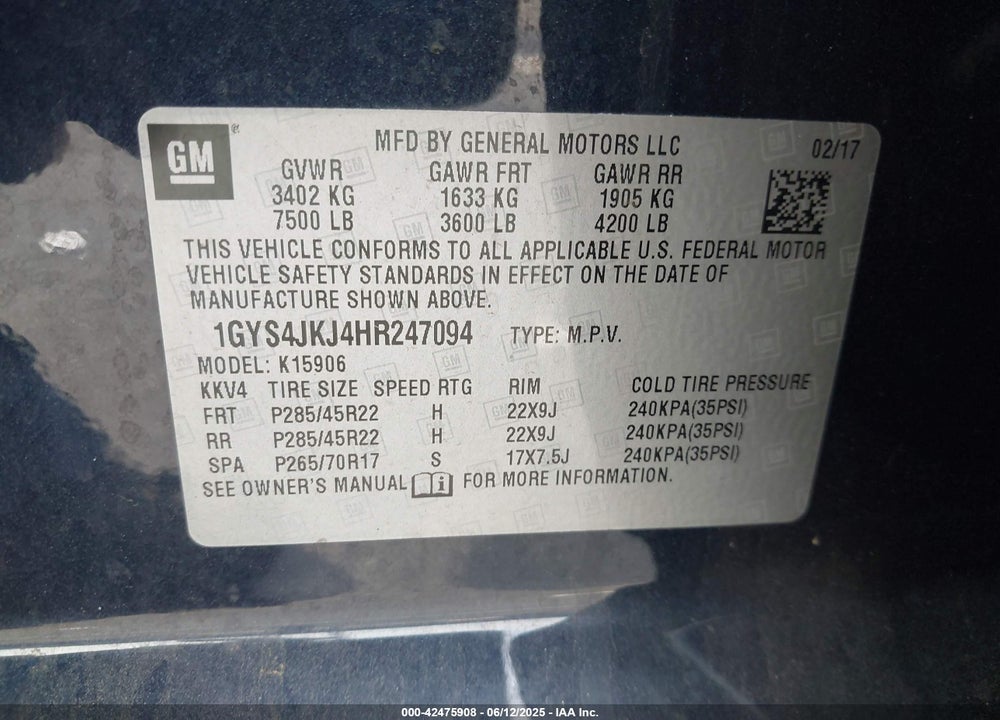 2017 CADILLAC ESCALADE ESV VIN: 1GYS4JKJ4HR247094