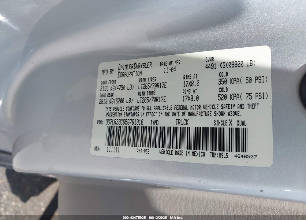 2005 DODGE RAM 3500 SLT/LARAMIE VIN: 3D7LR38C65G761918