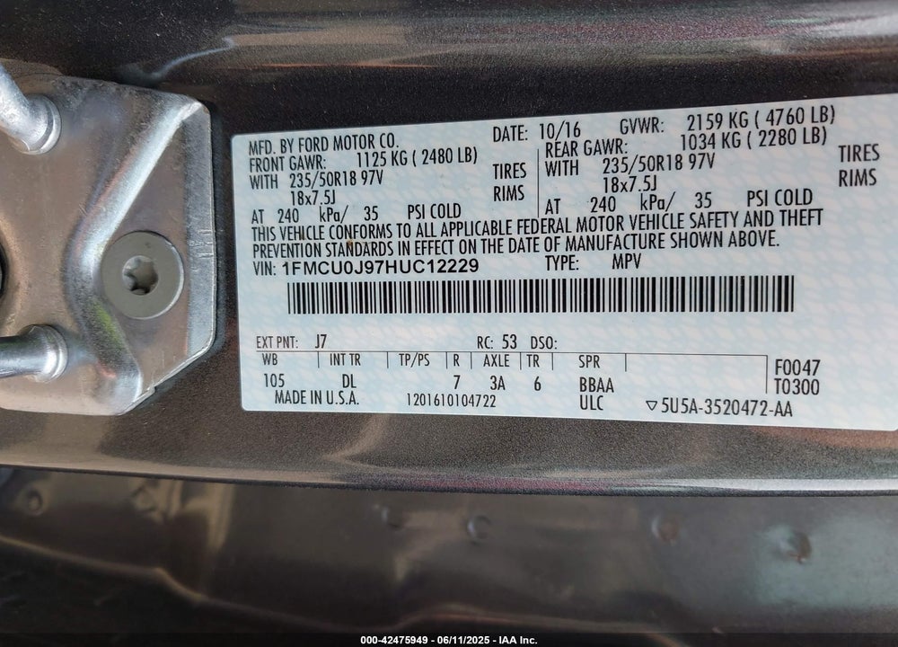 2017 FORD ESCAPE VIN: 1FMCU0J97HUC12229