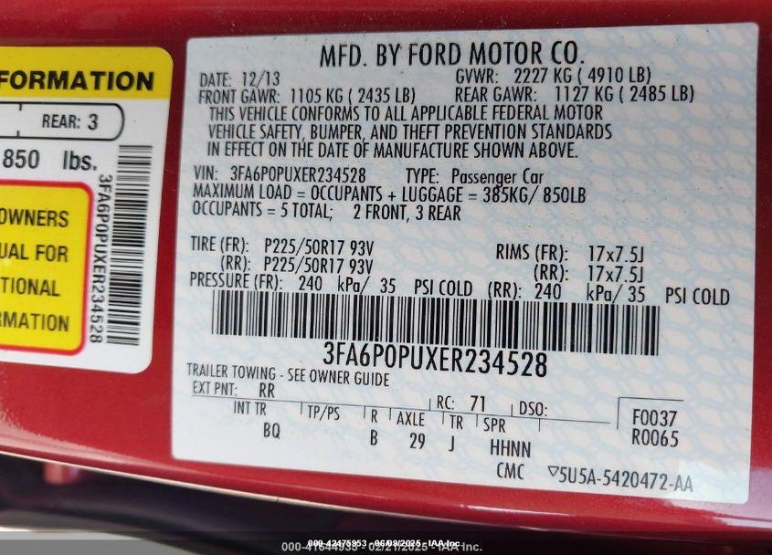 2014 FORD FUSION ENERGI VIN: 3FA6P0PUXER234528