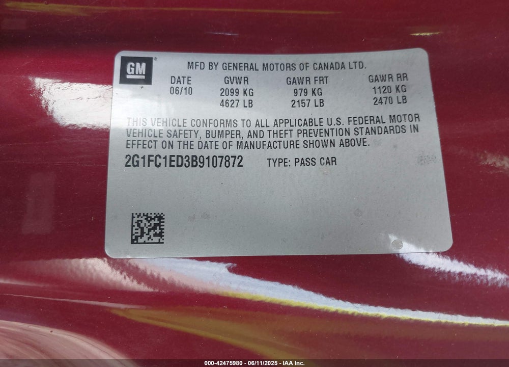 2011 CHEVROLET CAMARO VIN: 2G1FC1ED3B9107872