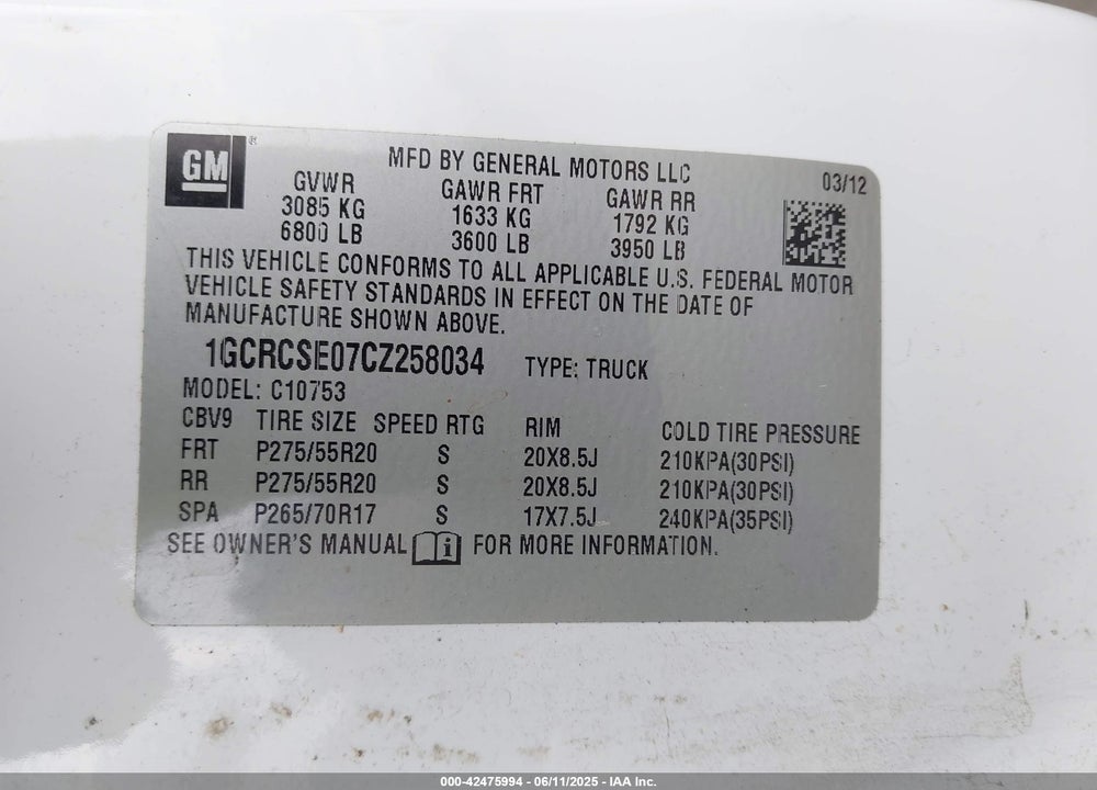 2012 CHEVROLET SILVERADO 1500 VIN: 1GCRCSE07CZ258034