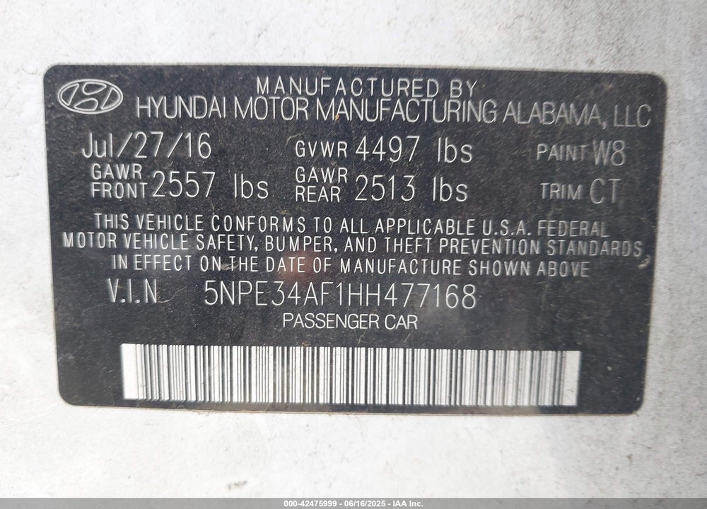 2017 HYUNDAI SONATA VIN: 5NPE34AF1HH477168