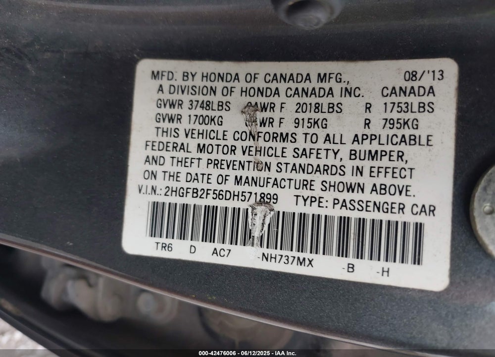 2013 HONDA CIVIC VIN: 2HGFB2F56DH571899
