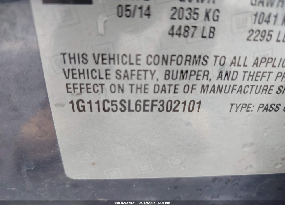 2014 CHEVROLET MALIBU VIN: 1G11C5SL6EF302101