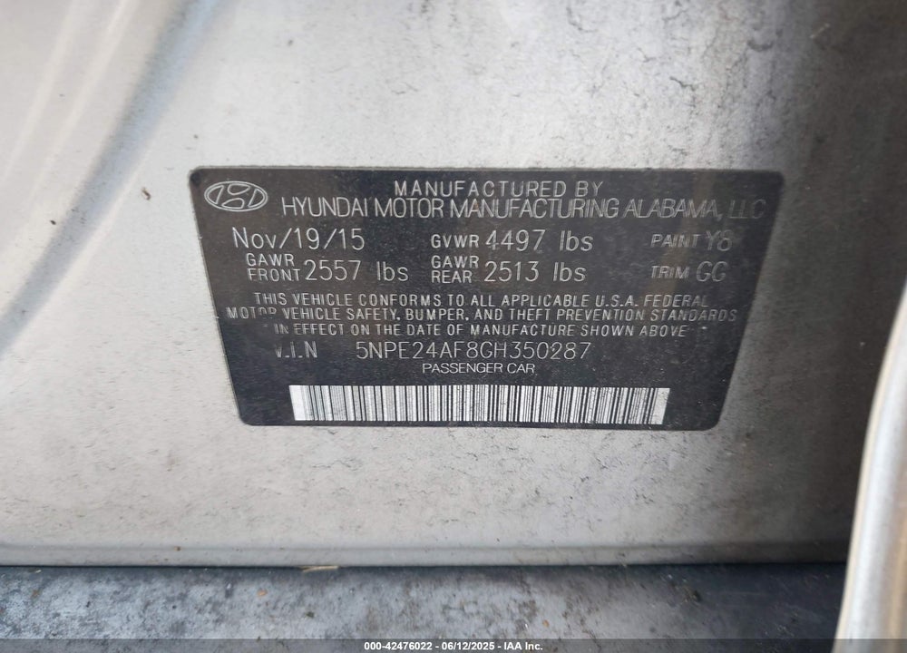 2016 HYUNDAI SONATA VIN: 5NPE24AF8GH350287