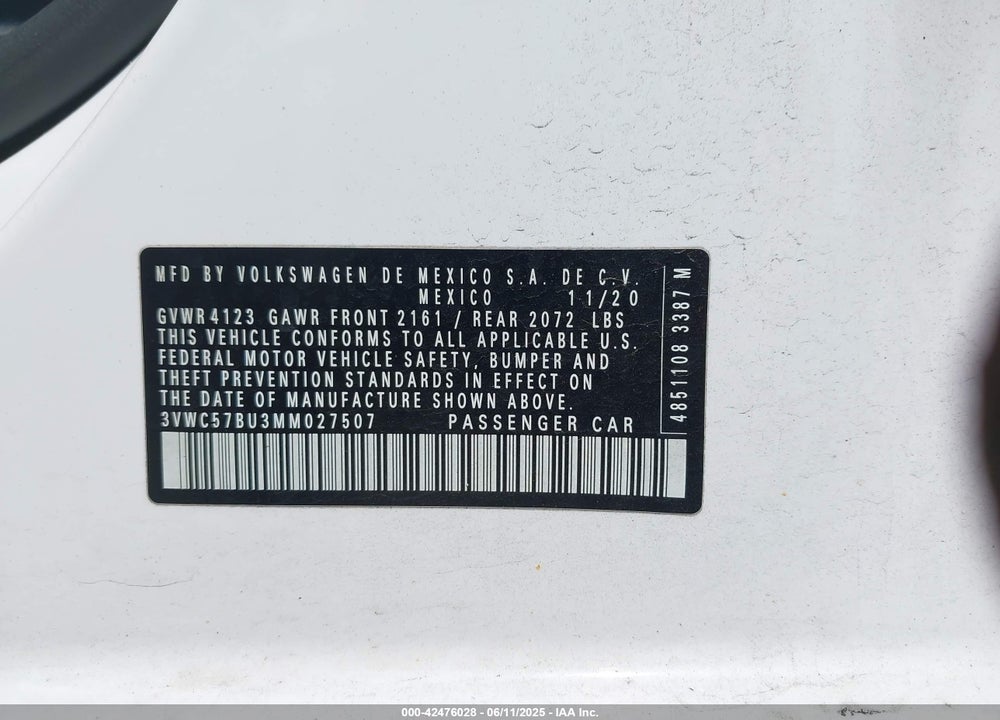 2021 VOLKSWAGEN JETTA VIN: 3VWC57BU3MM027507
