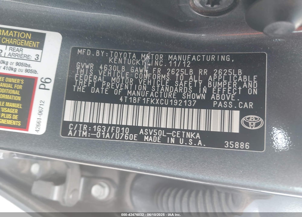 2012 TOYOTA CAMRY LE VIN: 4T1BF1FKXCU192137