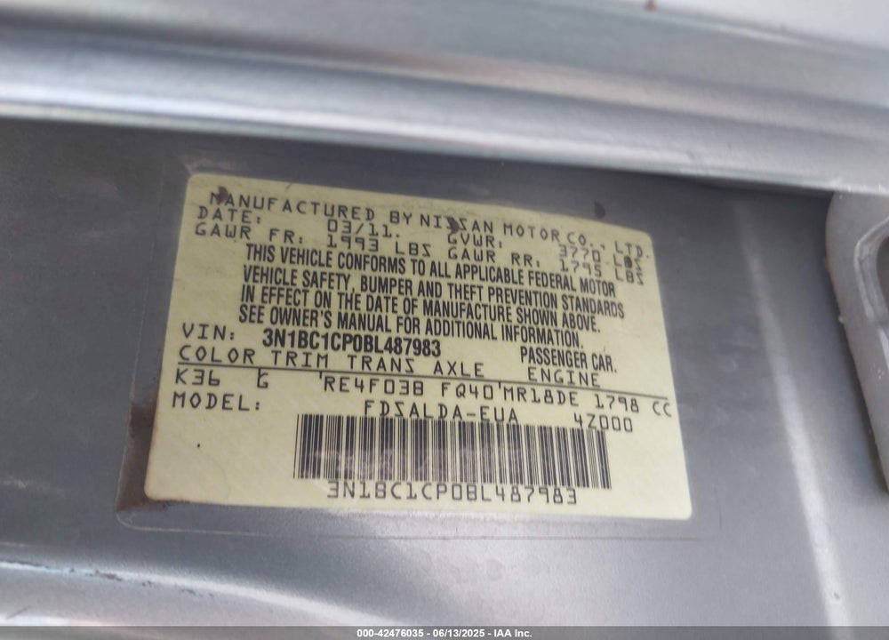 2011 NISSAN VERSA VIN: 3N1BC1CP0BL487983