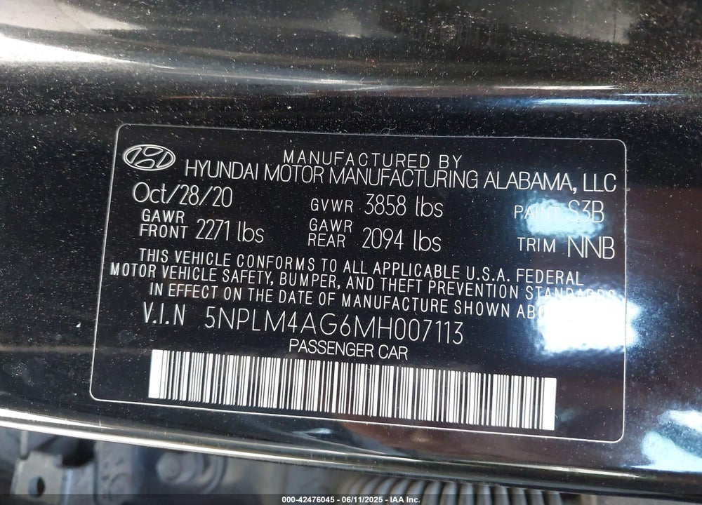 2021 HYUNDAI ELANTRA VIN: 5NPLM4AG6MH007113