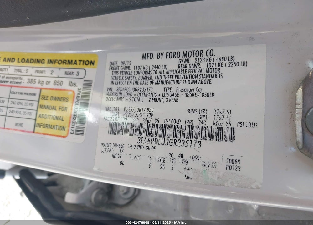 2016 FORD FUSION VIN: 3FA6P0LU3GR235173