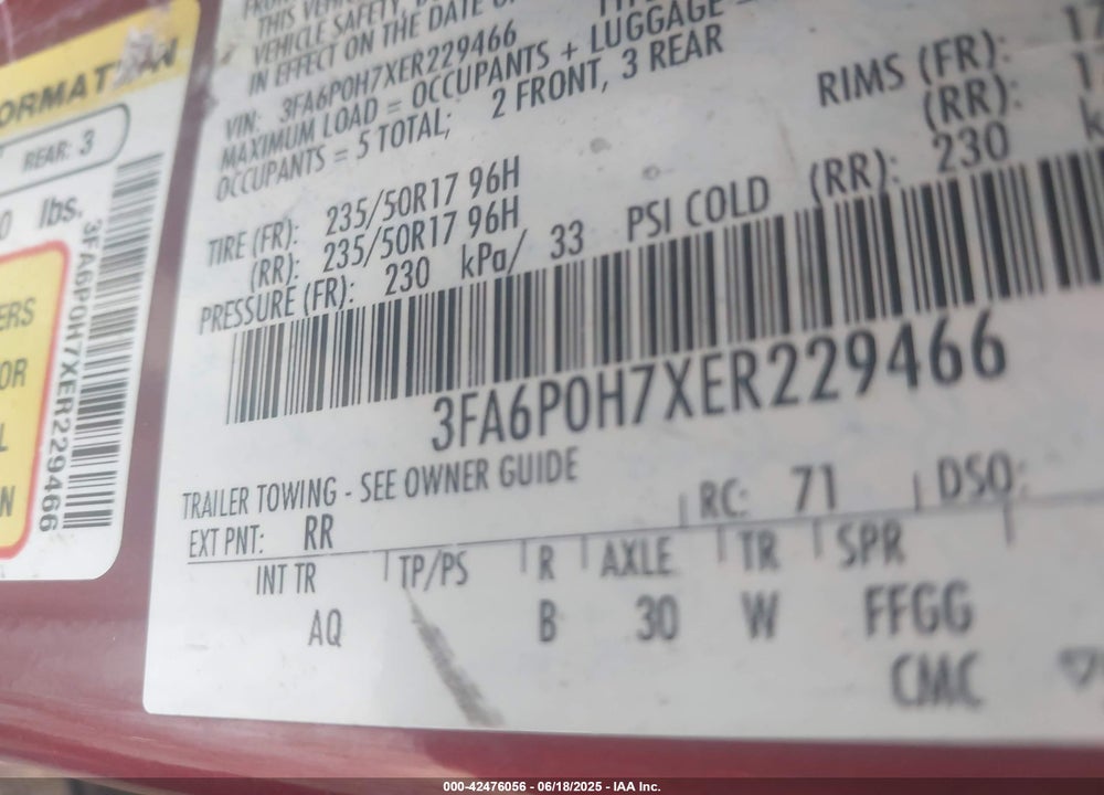 2014 FORD FUSION SE VIN: 3FA6P0H7XER229466