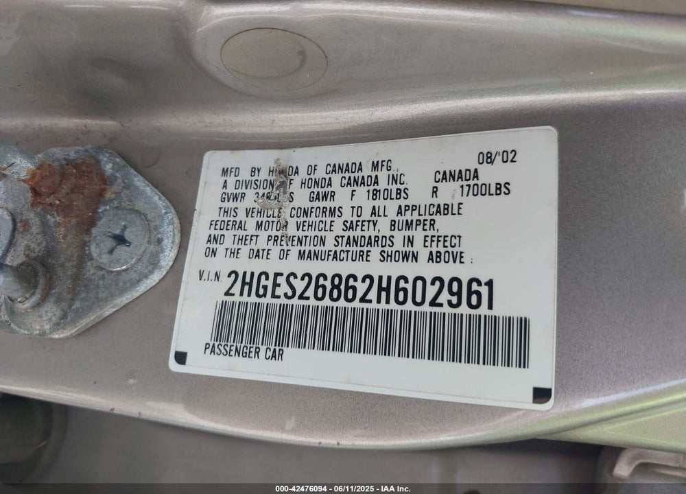 2002 HONDA CIVIC EX VIN: 2HGES26862H602961