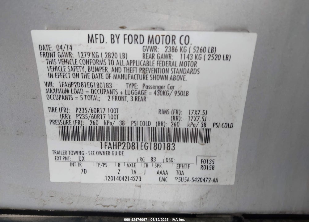 2014 FORD TAURUS VIN: 1FAHP2D81EG180183
