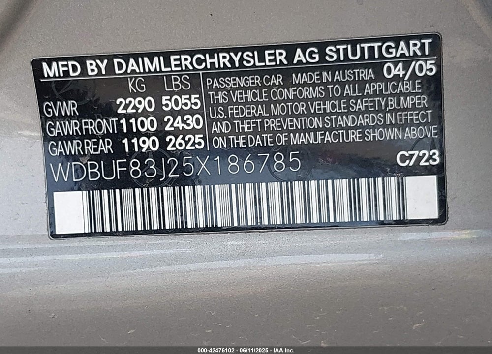2005 MERCEDES-BENZ E 500 4MATIC VIN: WDBUF83J25X186785