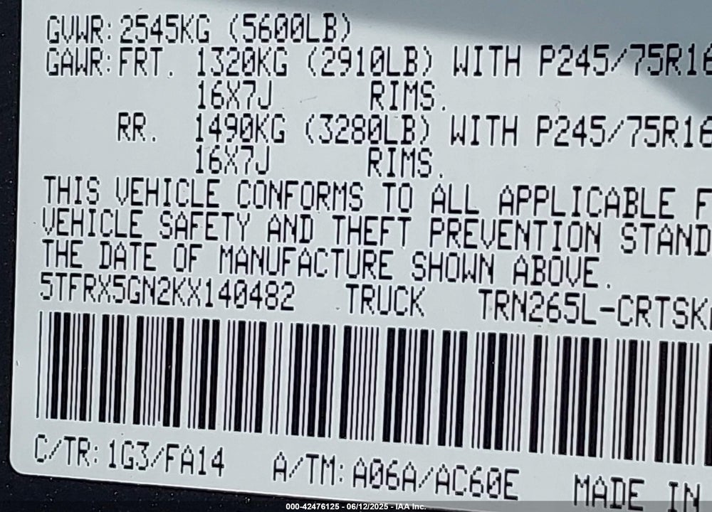 2019 TOYOTA TACOMA VIN: 5TFRX5GN2KX140482