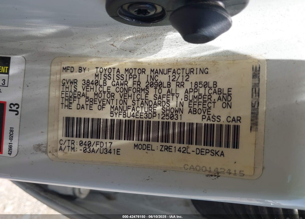 2013 TOYOTA COROLLA S VIN: 5YFBU4EE3DP125031