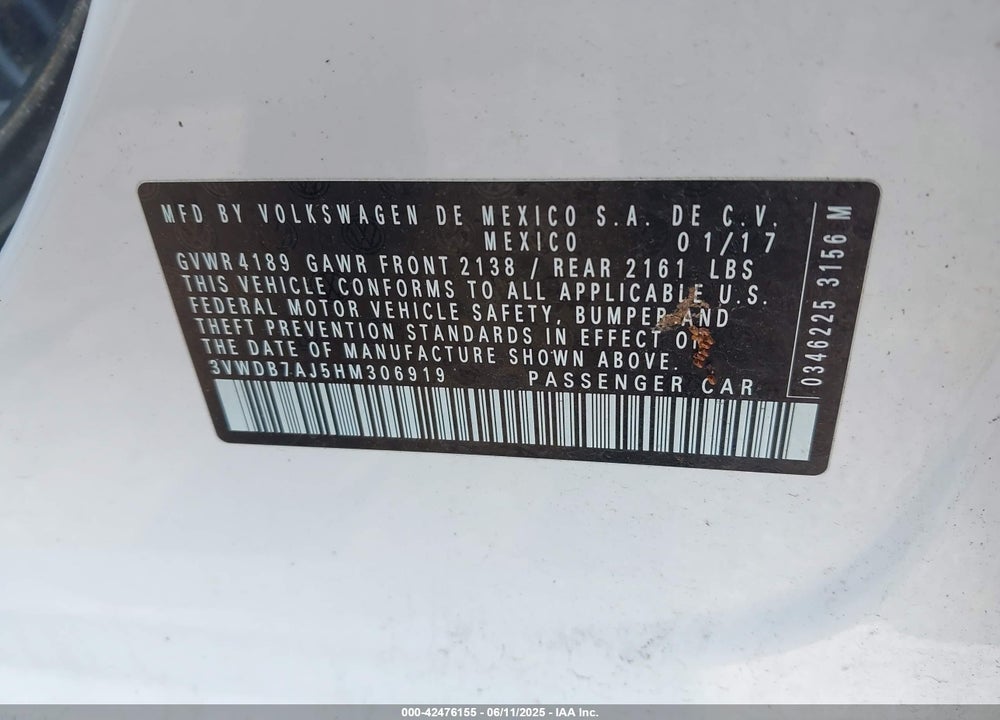 2017 VOLKSWAGEN JETTA VIN: 3VWDB7AJ5HM306919