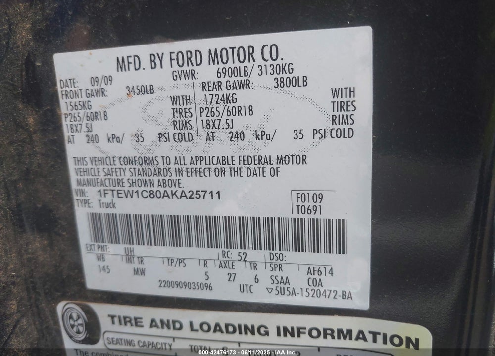2010 FORD F-150 VIN: 1FTEW1C80AKA25711