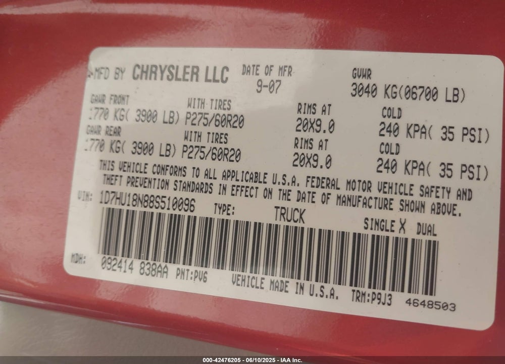 2008 DODGE RAM 1500 SLT VIN: 1D7HU18N88S510096