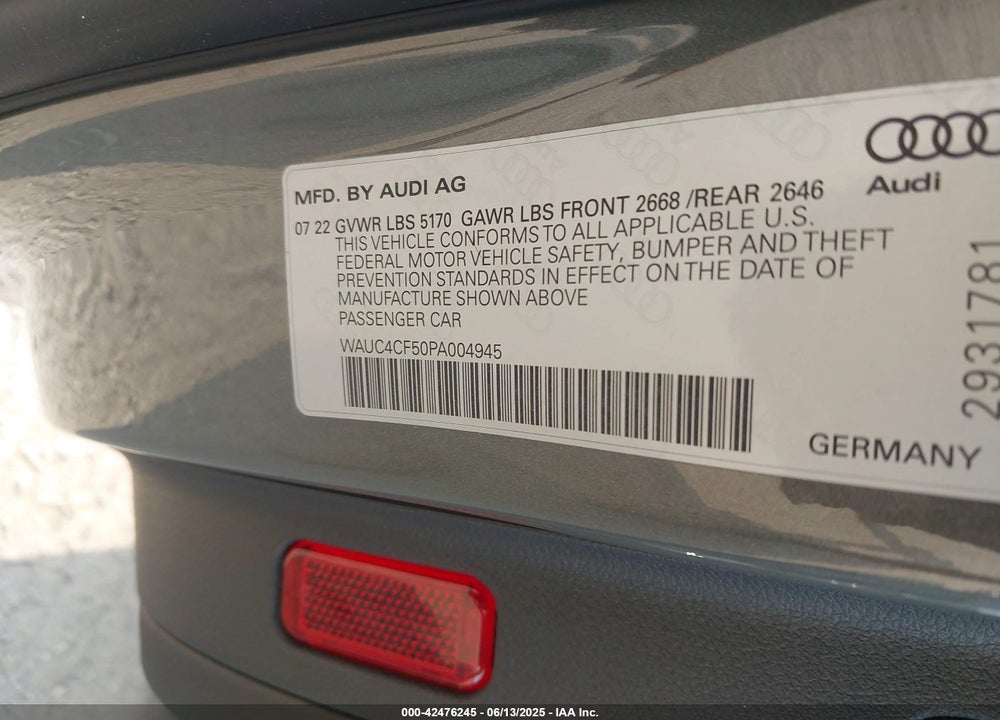 2023 AUDI S5 SPORTBACK PREMIUM PLUS TFSI QUATTRO TIPTRONIC VIN: WAUC4CF50PA004945