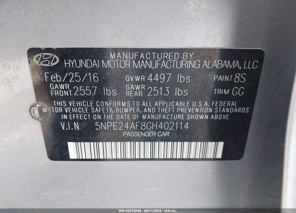 2016 HYUNDAI SONATA VIN: 5NPE24AF8GH402114
