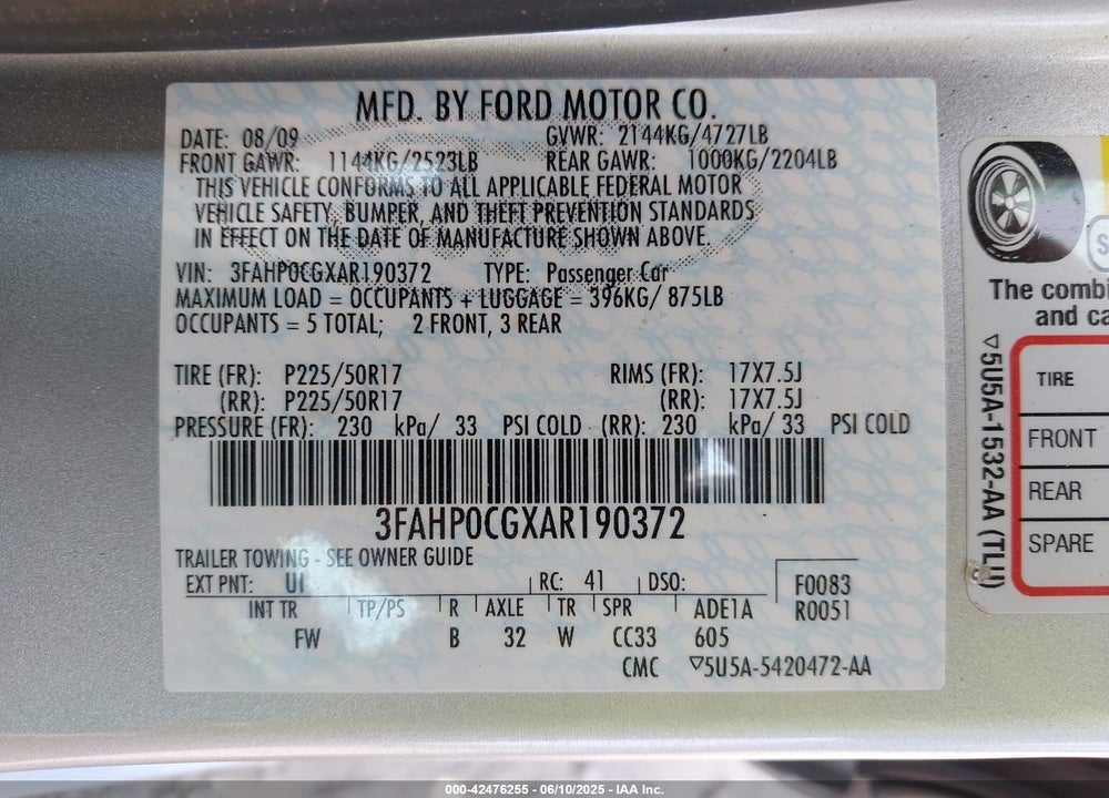 2010 FORD FUSION VIN: 3FAHP0CGXAR190372