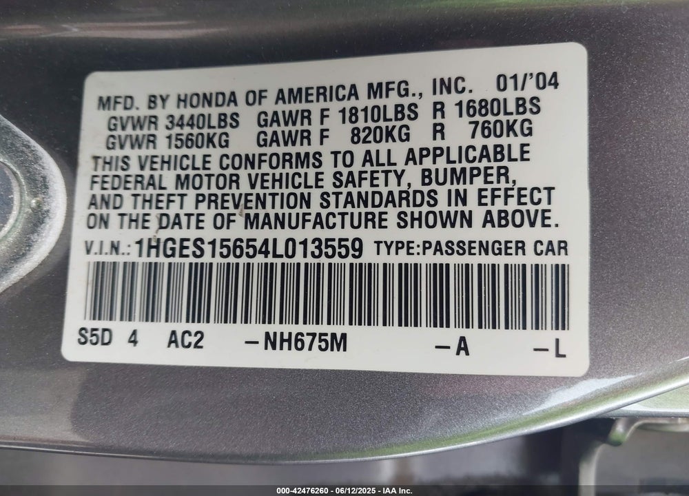 2004 HONDA CIVIC LX VIN: 1HGES15654L013559