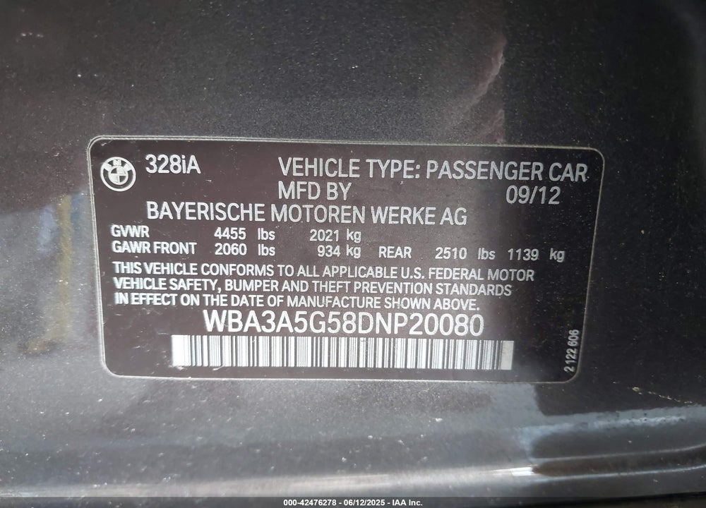 2013 BMW 328 VIN: WBA3A5G58DNP20080