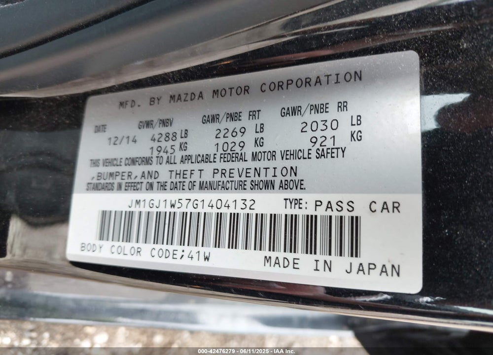 2016 MAZDA MAZDA6 VIN: JM1GJ1W57G1404132
