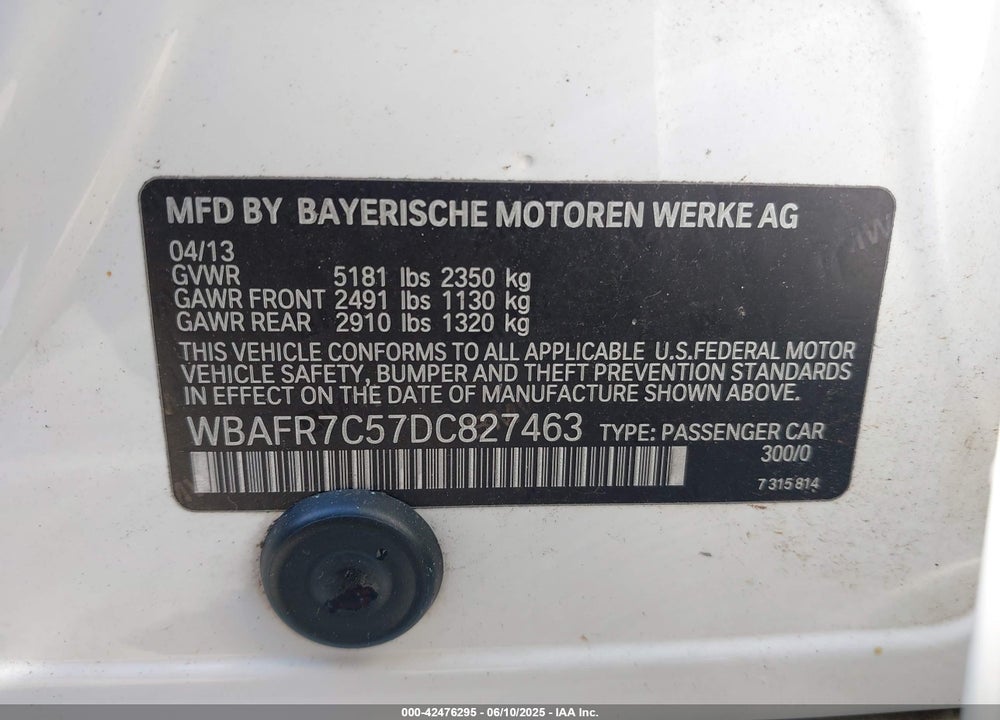2013 BMW 535I VIN: WBAFR7C57DC827463