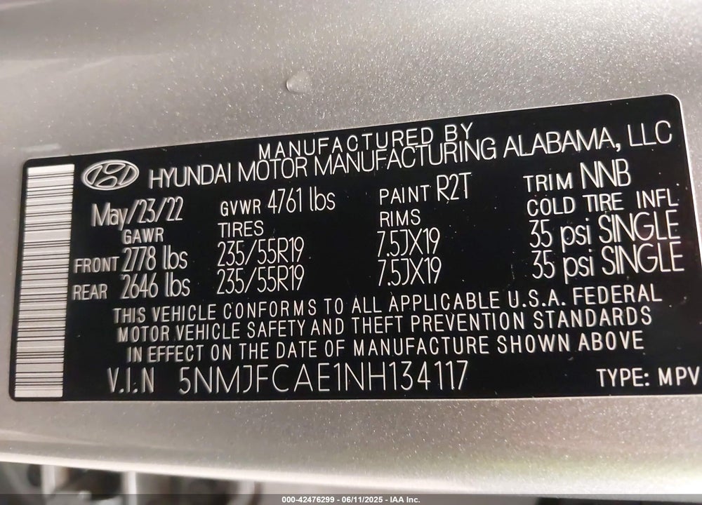 2022 HYUNDAI TUCSON VIN: 5NMJFCAE1NH134117