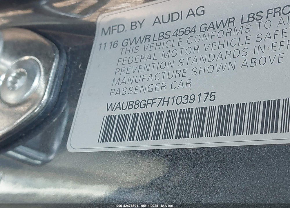 2017 AUDI A3 VIN: WAUB8GFF7H1039175