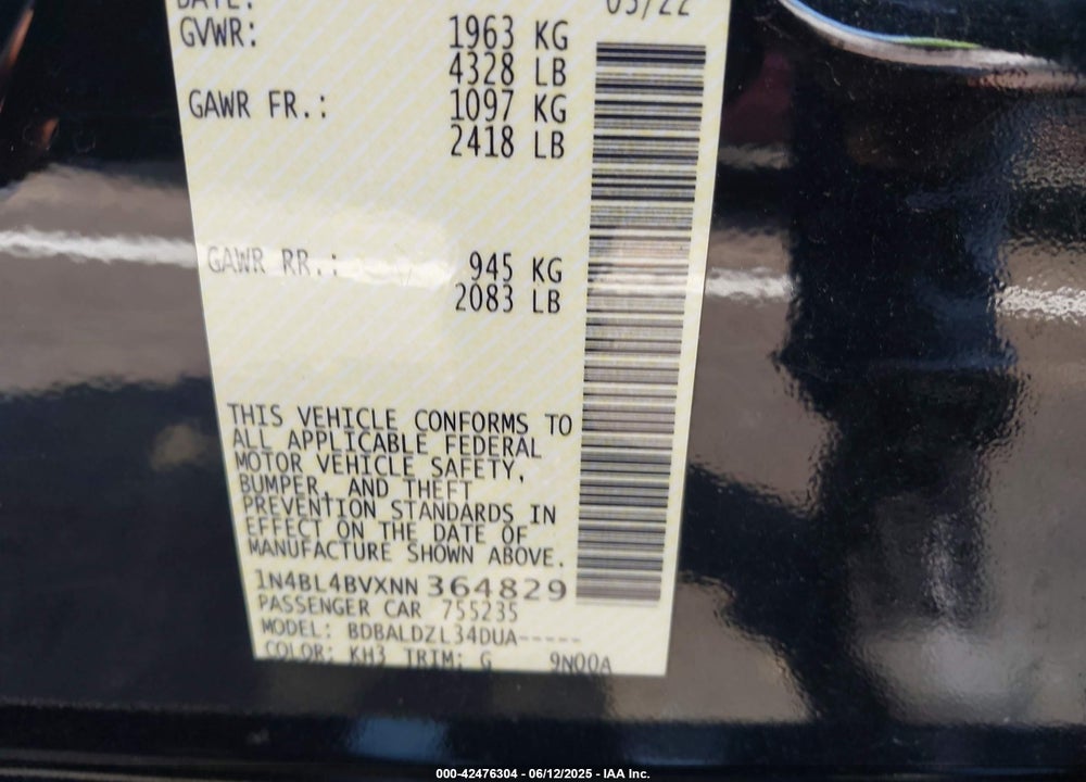 2022 NISSAN ALTIMA VIN: 1N4BL4BVXNN364829