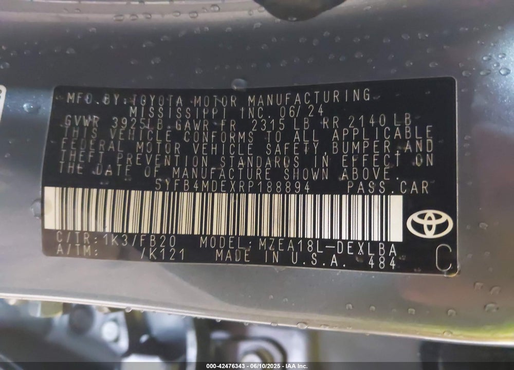 2024 TOYOTA COROLLA VIN: 5YFB4MDEXRP188894