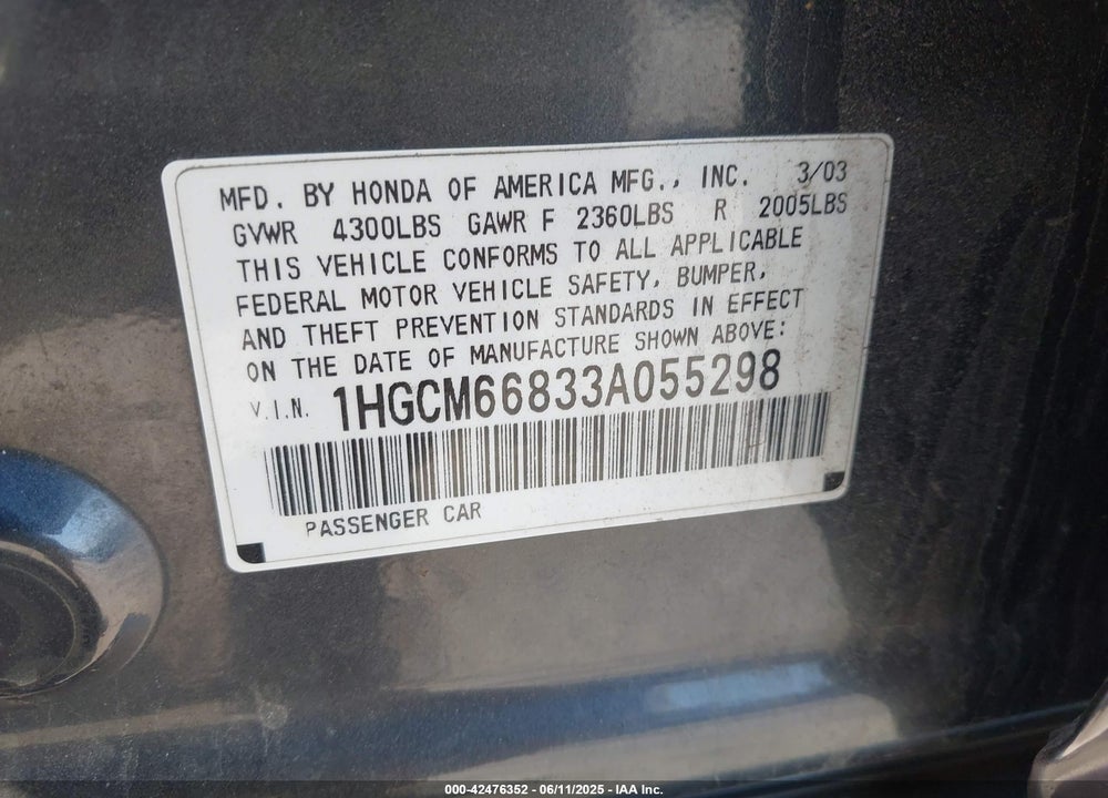 2003 HONDA ACCORD 3.0 EX VIN: 1HGCM66833A055298