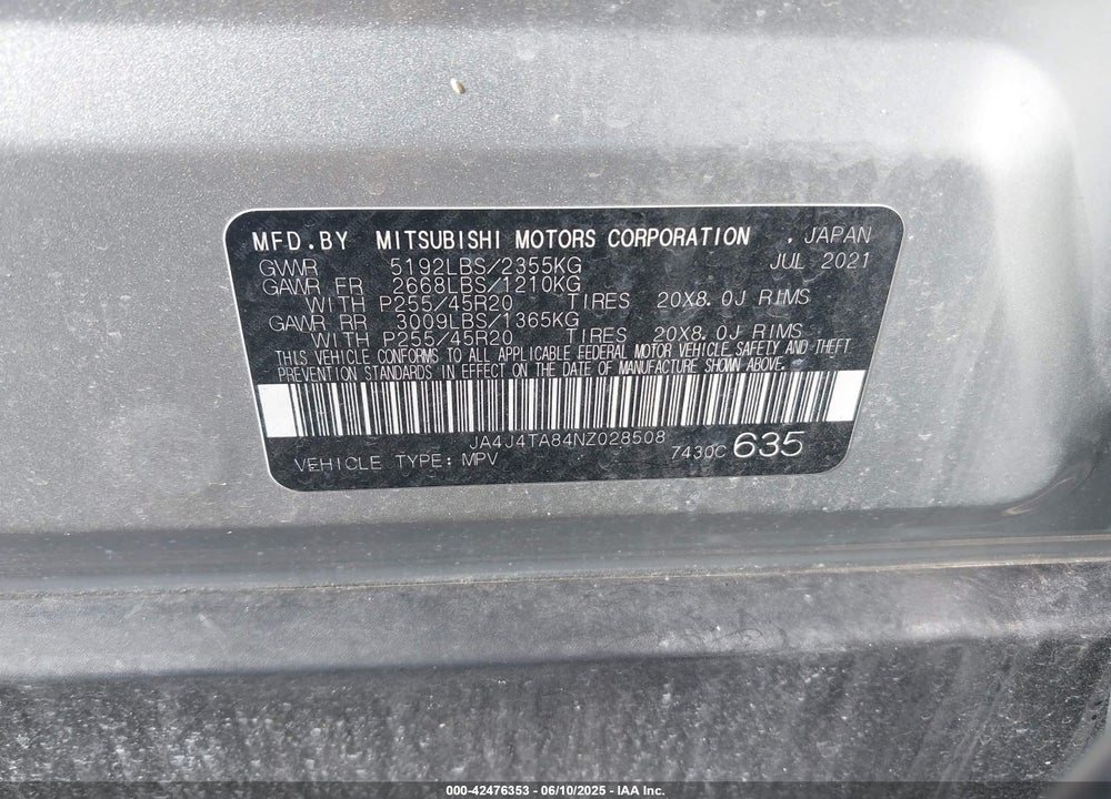 2022 MITSUBISHI OUTLANDER VIN: JA4J4TA84NZ028508