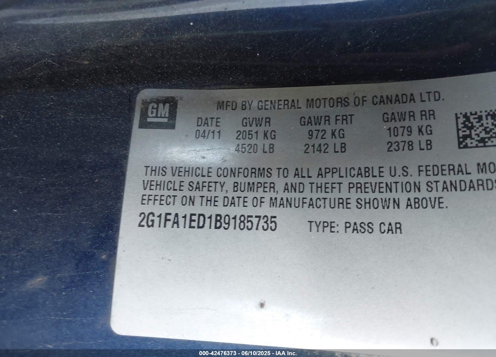 2011 CHEVROLET CAMARO VIN: 2G1FA1ED1B9185735