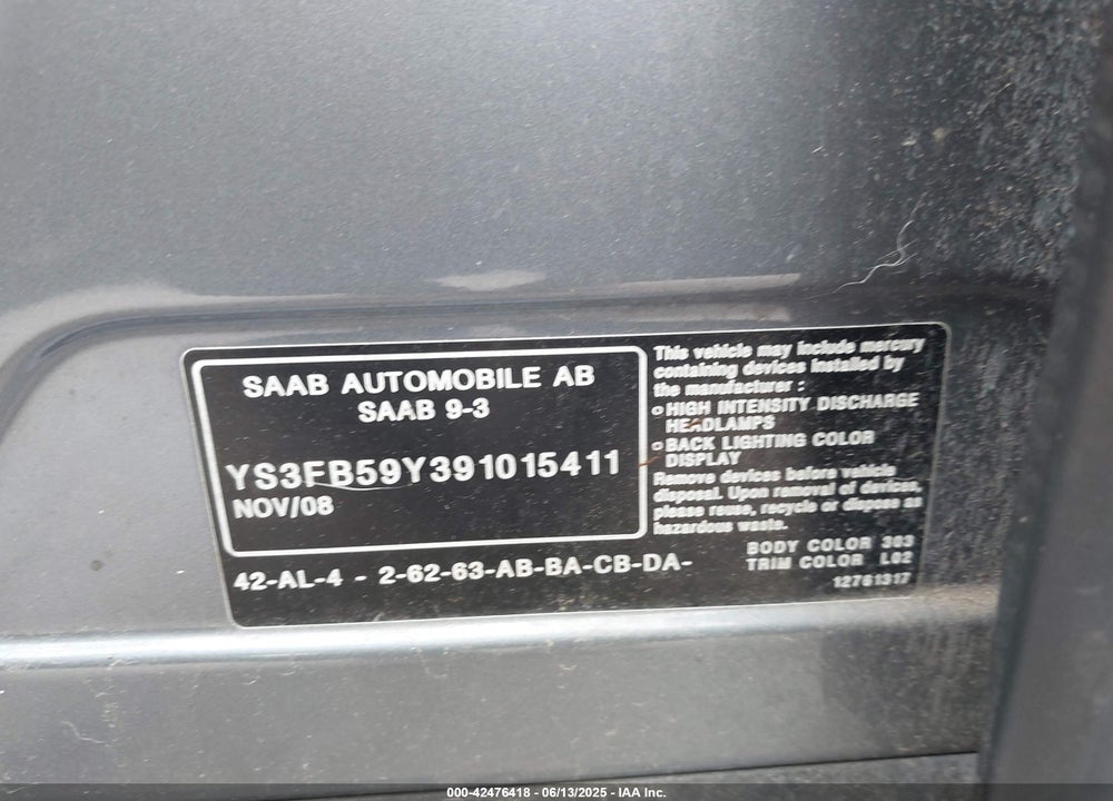 2009 SAAB 9-3 2.0T VIN: YS3FB59Y391015411
