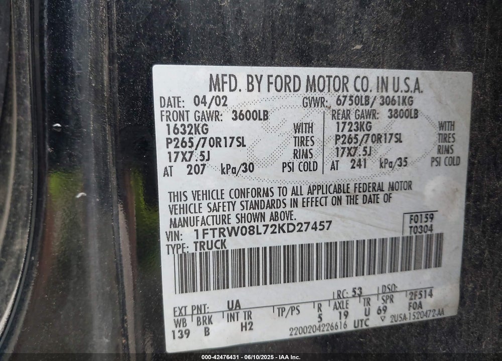 2002 FORD F-150 LARIAT/XLT VIN: 1FTRW08L72KD27457