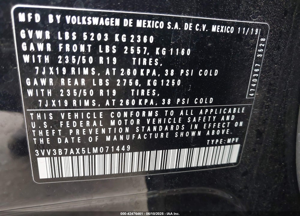 2020 VOLKSWAGEN TIGUAN VIN: 3VV3B7AX5LM071449
