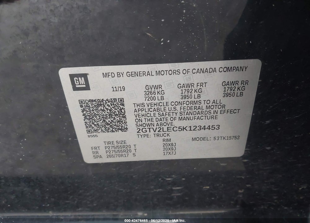 2019 GMC SIERRA 1500 LIMITED VIN: 2GTV2LEC5K1234453