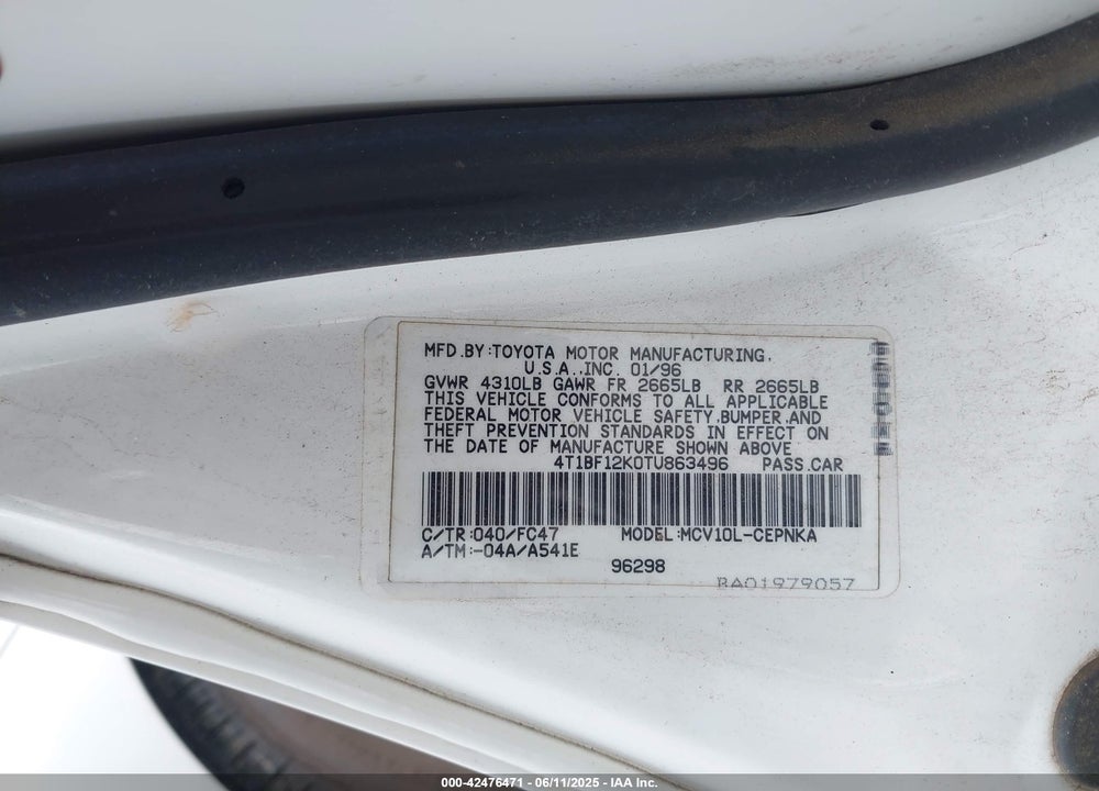 1996 TOYOTA CAMRY LE/XLE/SE VIN: 4T1BF12K0TU863496